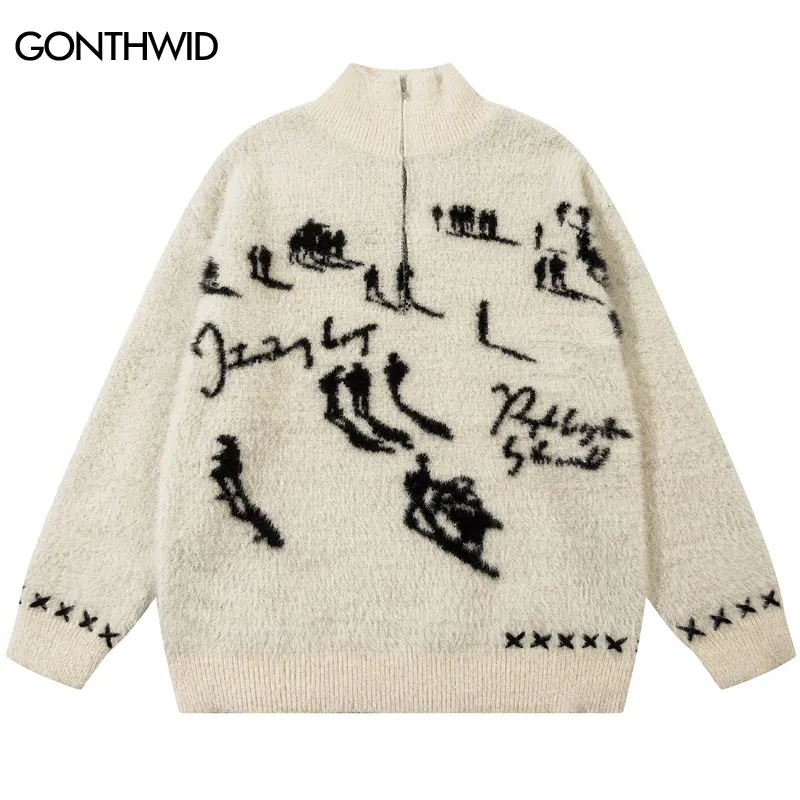 Men Mohair Sweater Half Zip Up Knitted Graphic Cozy Jumpers Streetwear Hip Hop Harajuku Punk Gothic Long Sleeve Baggy Pullover