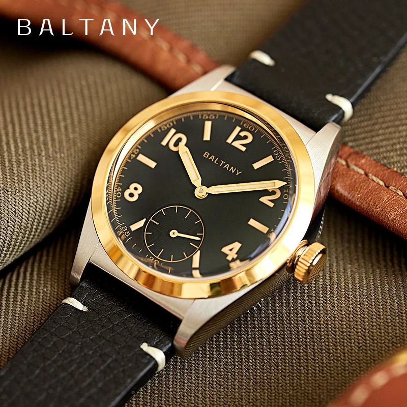 Baltany 버블 백 원피스 시계, 서브 다이얼 IPG 베젤 가죽 골드 핸드 사파이어 크리스탈 스테인레스 스틸, VD78 쿼츠 손목시계