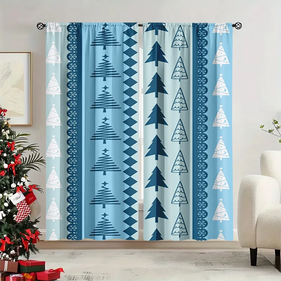 2PCS Christmas Winter Curtains, Blue Patchwork Christmas Tree Geometric Pattern, Digital Print, Bedroom Living Room, Home Decor