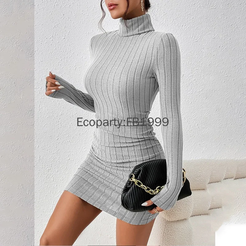 فستان محبوك لربيع الخريف للنساء أنيق للحفلات بياقة مدورة وأكمام طويلة فساتين قصيرة مثيرة بلون سادة فساتين ضيقة