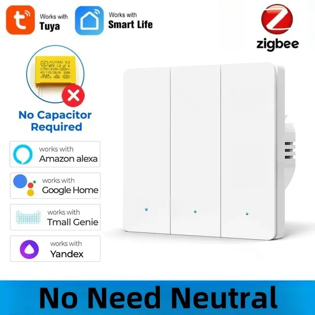 Tuya EU Zigbee Smart Switch No Neutral Wire Wall Light Switch Push Button Smart Life APP Voice Works with Alexa Google Home