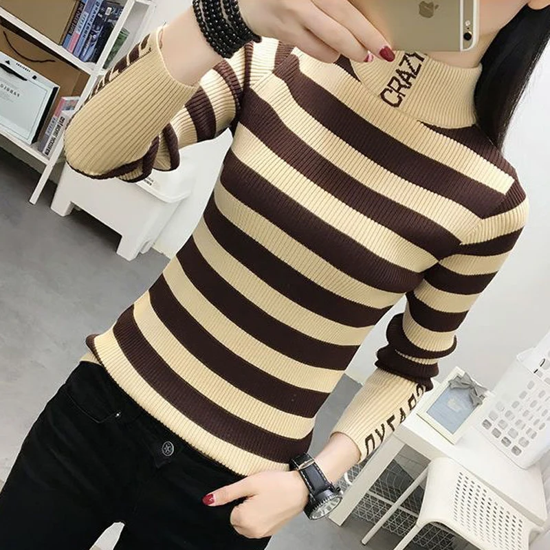 2023 Autumn Winter Women\'s Korean Fashion Striped Slim Basic Knitwear Female Half High Collar Long Sleeve Pullover Tops Jumpers