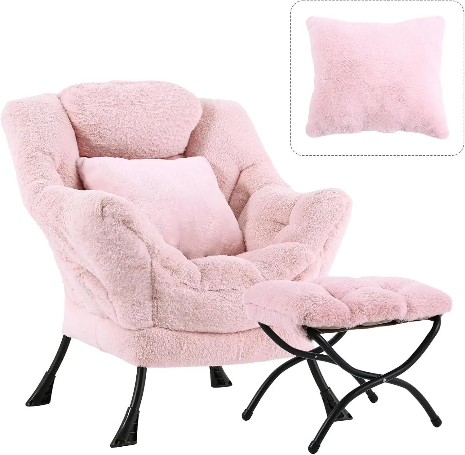 Large Pink Plush Lazy Chair with Ottoman and Throw Pillow for Living Room, Bedroom, Dorm Room and Office, Comfy for Relaxing
