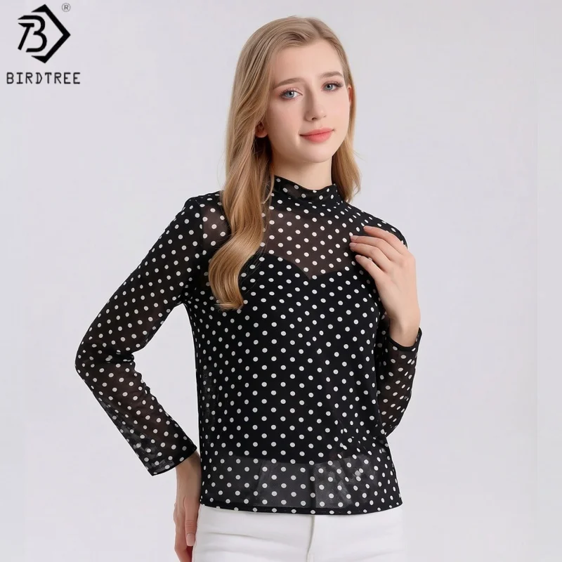 Birdtree, 100% Real Silk Print Undershirt, Women Full Sleeve Mock Neck Slim Tops, 2026 Autumn Winter New Knitted Shirt T67510JF