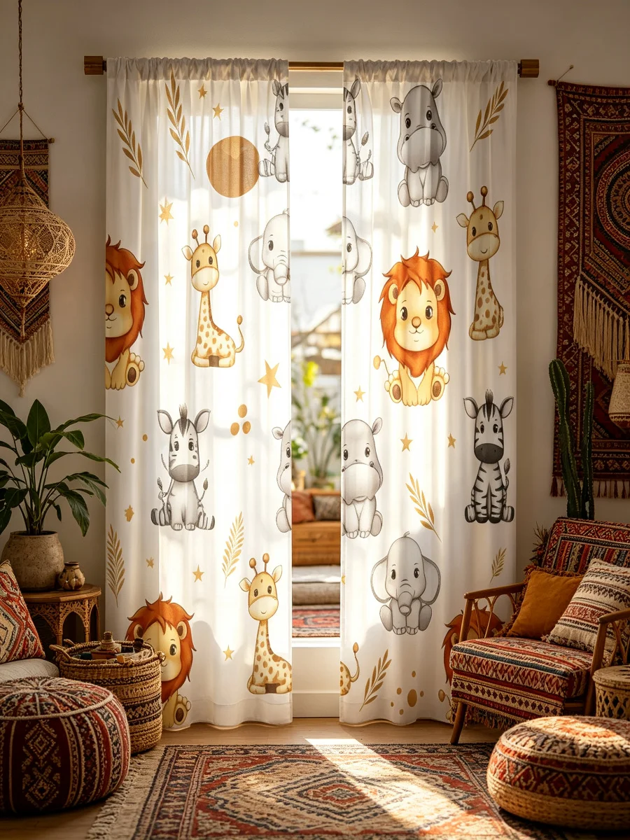 2PCS Digital Print Curtains, Cute African Safari Animals Cartoon, Kids Nursery Rod Pocket Drapes for Bedroom Living Room