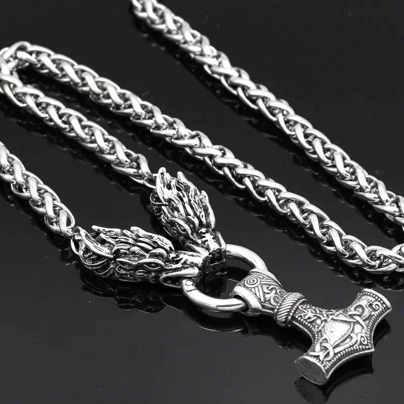 New Faucet Flower Basket Chain Thor Pendant Hammer Necklace 2021 Nordic Culture Retro Viking Wolf Head Pendant Accessories