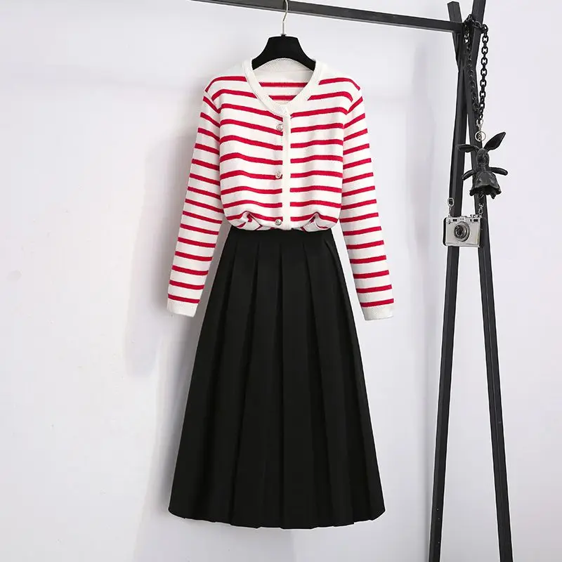 Fashion Outfits For Women's Spring Autumn 2023 New Elegant Striped Cardigan Knitted Top High Waist Half Skirt Two Piece Set