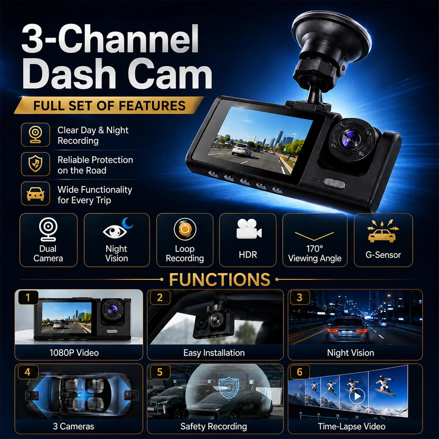 3 Channel Dash Cam 1080P Front Rear Inside Camera 170 Degree Wide Angle Night Vision Loop Recording G-Sensor Rear Camera Car DVR