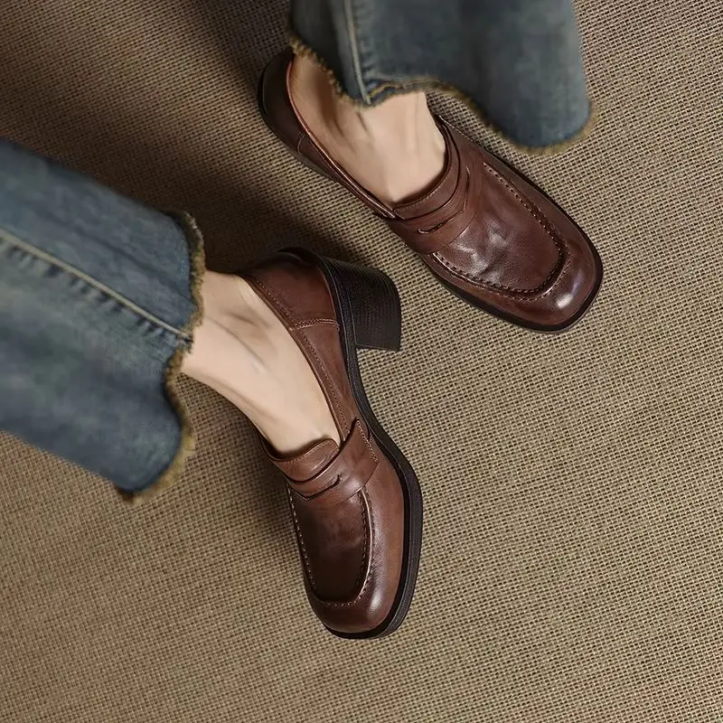 EAGSITY brown Cow leather block heel loafer women chunky heel shoes pumps high heel slip on casual thick heel leather shoes