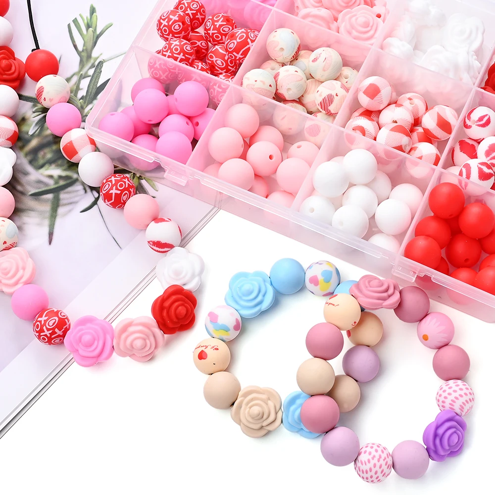 104Pcs Rose Silicone Bead Set Valentine's Day Style Romantic Color Scheme for Holiday Gifts Decorations Keychain Bag Pendant