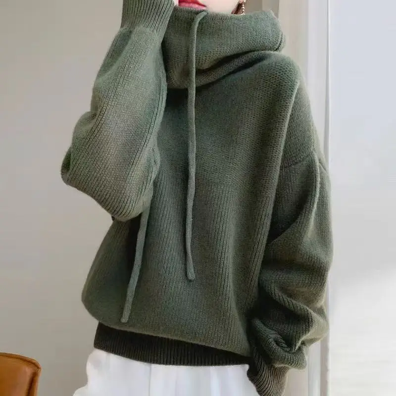 New Women Hooded Knit Sweater Drawstring Cowl Neck Long Sleeve Loose Oversized Pullover Solid Color Warm Fall Winter Knit Hoodie