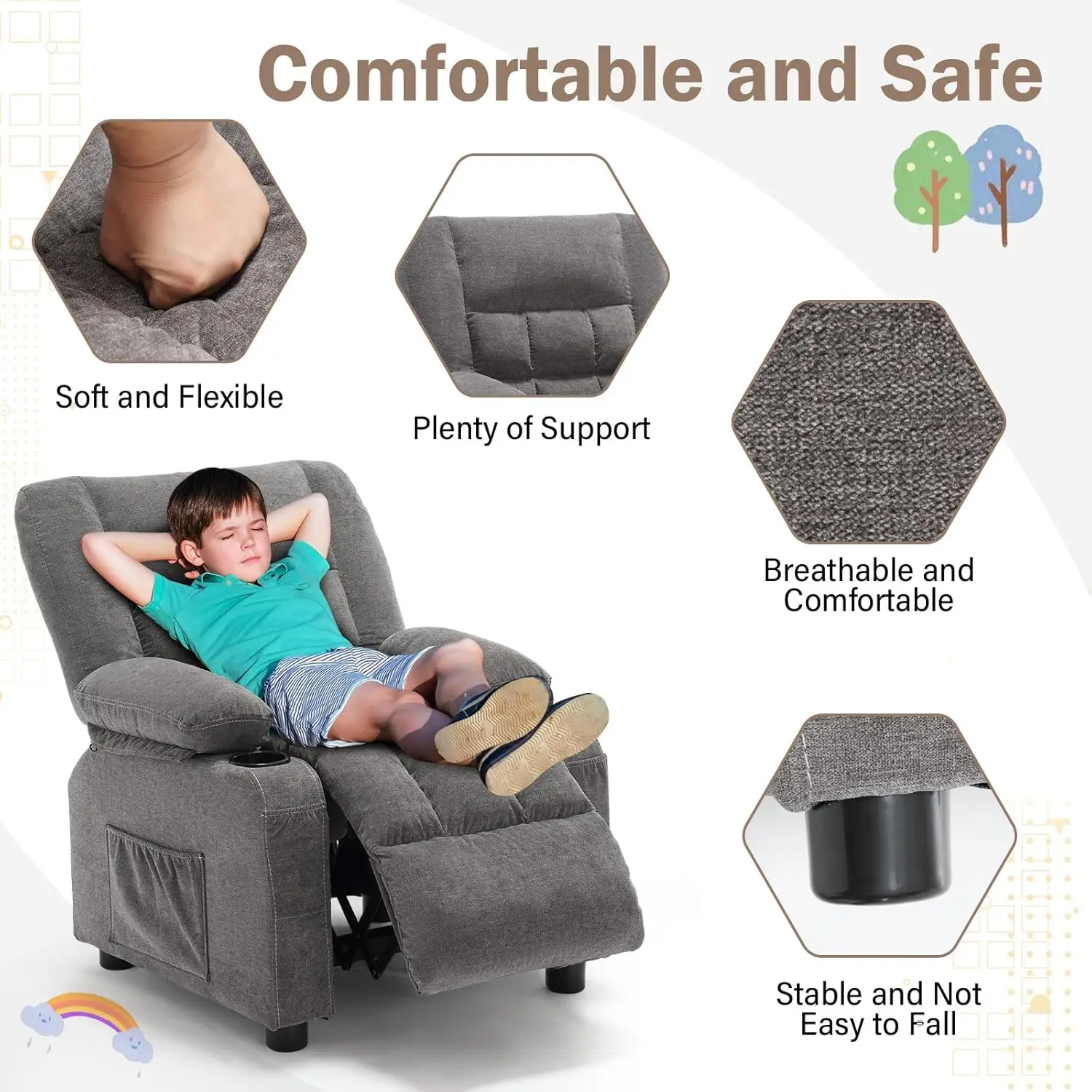 كرسي كرسي للأطفال مع حاملات أكواب، مسند للقدمين ومسند للرأس قابل للتعديل، رمادي غامق #4