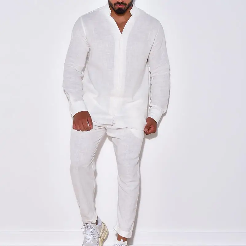 GELITAYIN Mens Sets Linen Spring Autumn Leisure Suit Long Sleeve Shirts And Trousers Two Piece Sets Fashion Men Hot Sales Comfor