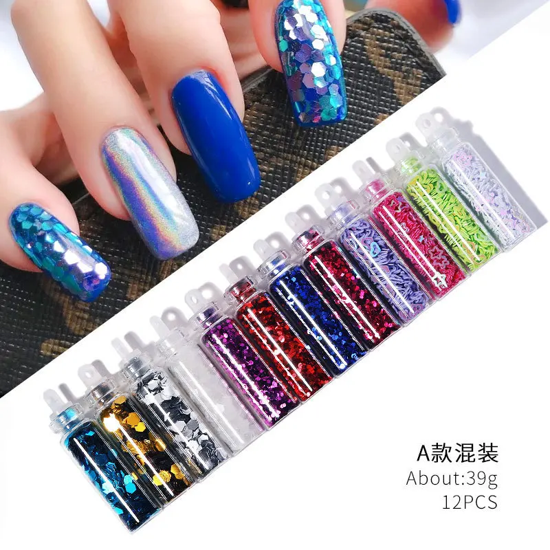 50Sets 48Colors/Set Glass Nail Ornament Glitter Glitter Hex Piece Caviar Nail Ornament Set Nail Ornament Glitter Mix Bottle