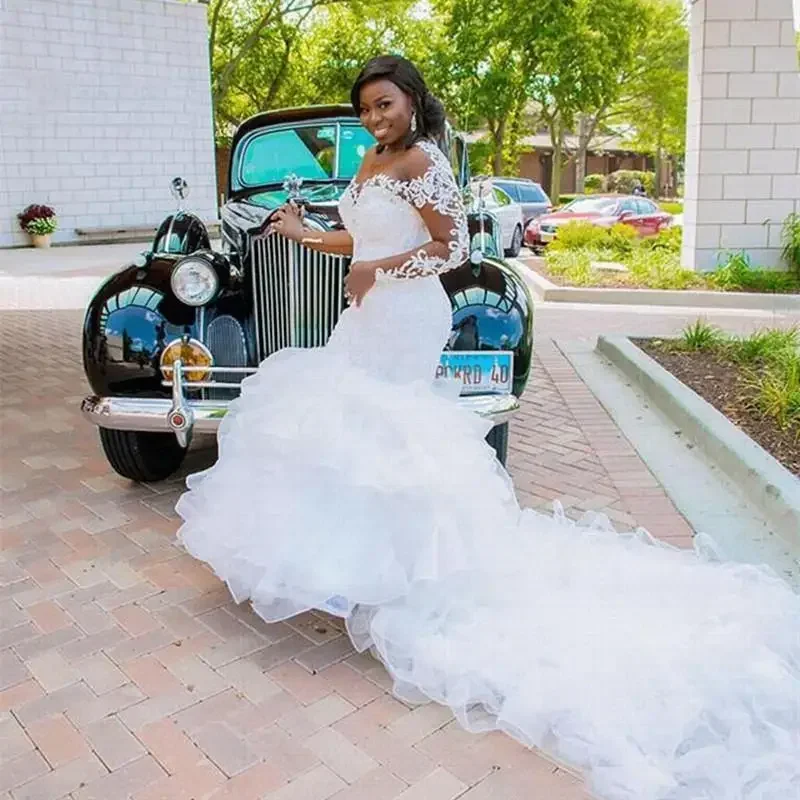 Robes sirène africaines personnalisées à manches longues, à volants, perles en Organza, dentelle transparente, grand Train, robe de mariée, 2025