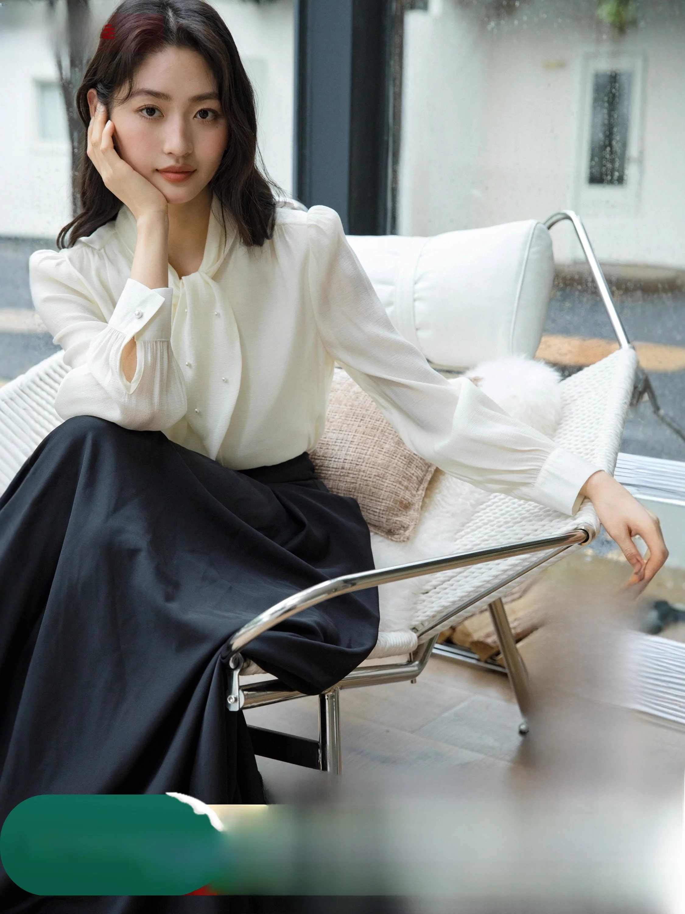 

Retro Sle Bow Tie irt Soft Pure Color White Early Autumn Women's Premium Faion Straight Cut Long Sve Polyester Blend