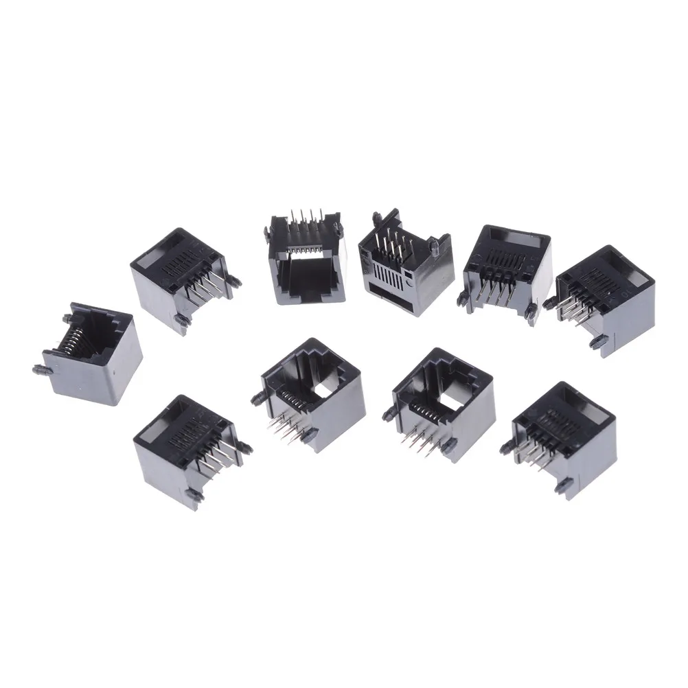 10Pcs Unshielded RJ11 RJ45 Black Telephone Socket 8P8C Network Modular PCB Connector Jacks Connectors