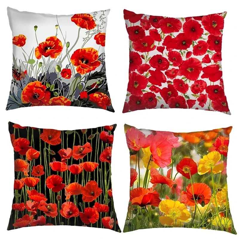 Fashion Red Poppy Flower Cushion Covers Pillowcases Home DecorationBedroom Office Square Pillowcase Throw Pillow Cover Gift