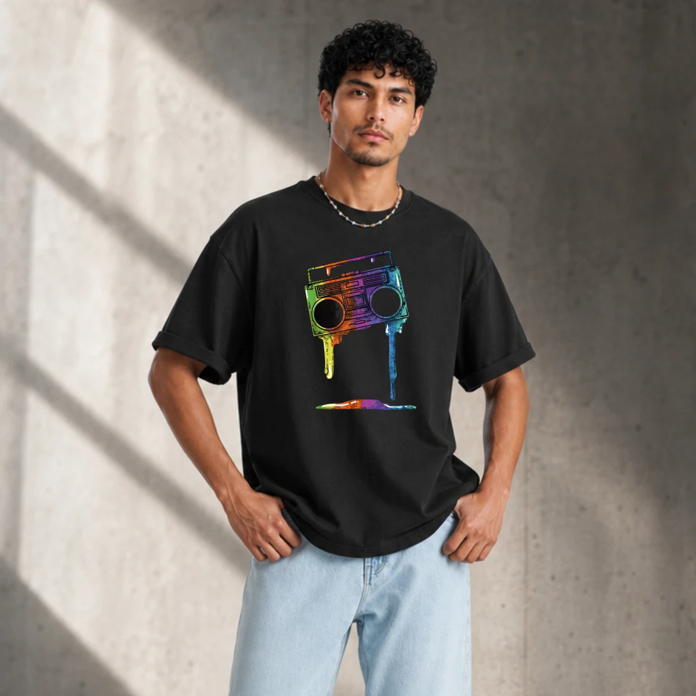 Oversized Rainbow Boombox T-Shirt Colorful Paint Drip Retro Stereo Short Sleeves Old School Hip Hop Streetwear Graphic T Shirts