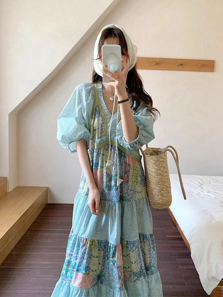 

Bohemian Style Contrasting Color Patchwork Floral Dress for Women's Summer New Retro V-neck Causal Long Dresses