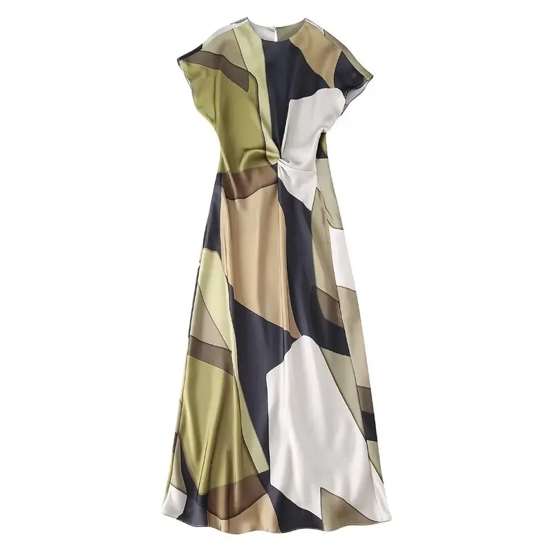 فستان صيفي 2024 أنيق بقصة ضيقة وأكمام قصيرة من الحرير الساتان المطبوع بطول متوسط، تصميم عصري لموسم الربيع بدون أكمام وياقة مس...