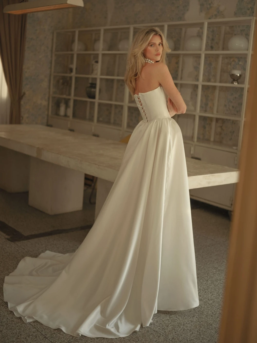 SAROULU Elegant Satin Wedding Dress Simple Classic Sweetheart Neck Lace Up Back Bridal Gown Customized Fitted Waist Bride Wear