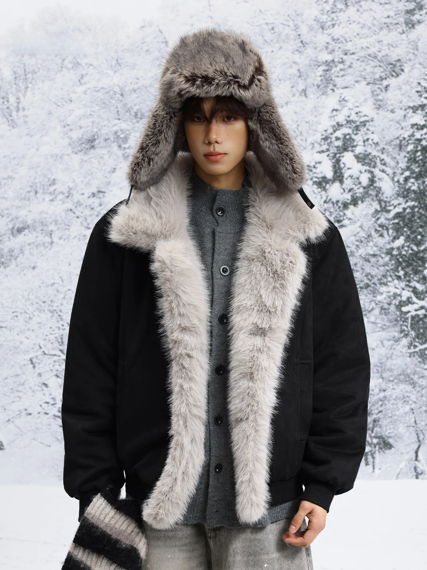 

American Sle Worn-In Suede Jaet Thiened Winter Coat for Men Stand Collar Large Fur Collar Cotton Clothes Faion Urban ...
