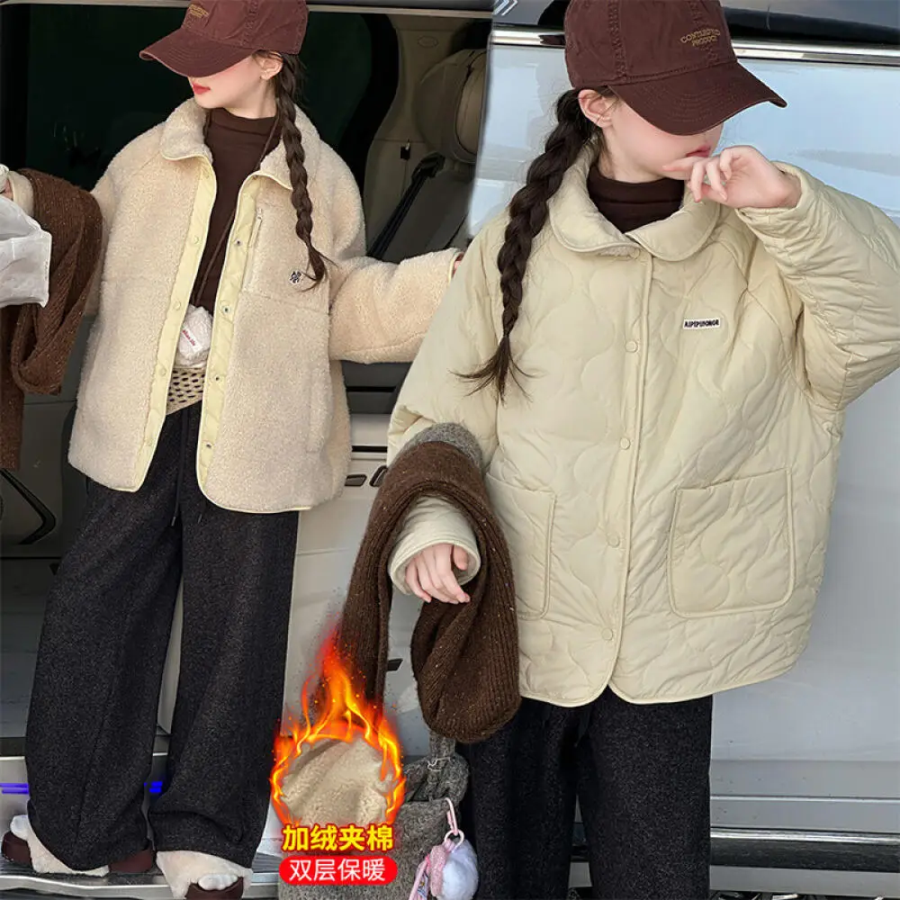 

Kawaii Girl Fashion Keep Warm Two-Sided Wear Collar Cotton Jacket Student Autumn Winter Casual Thicken Tops Children's Clothing