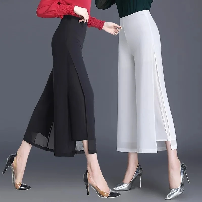 2023 Chiffon Fashion High-Waisted Trousers Skirt Gauze Loose Shuai Ku Straight Casual Pants Slit Wide Leg Pants Female Trousers