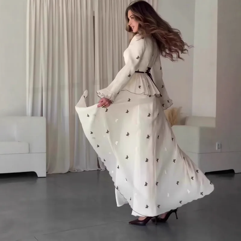 Elegante borboleta bordado em camadas babados chiffon vestido feminino 2025new elegante manga longa cintura amarrada roupões senhora chique outfit