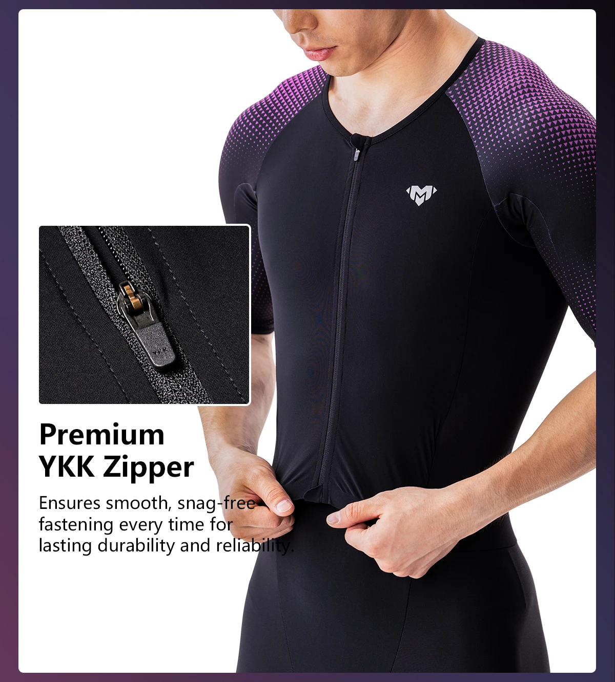 Triathlon-Anzüge für Herren Schnelltrocknend Leichtgewichtig Kurzärmelig Schwarz-Lila Einteilig für Radfahren Laufen Schwimmen TriSuit MY KILOMETRE – Detail 7
