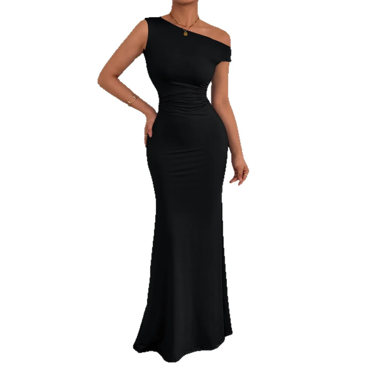 

Women's Sexy Asymmetrical Shoulder Fishtail Dress, Sleeveless Waist Pleated Midi Dress