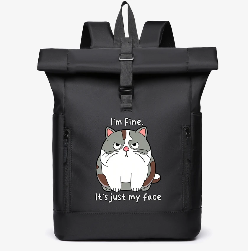 

Waterproof Durable Outdoor Backpack Cute Fat Cat Printing Roll Top Hiking Travel Men Women Daily Commute Couple Backpack