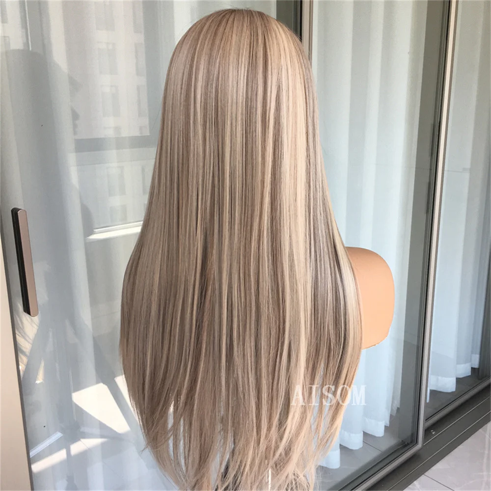 13x4 Frontal Wig Straight Highlight Blonde Colored Synthetic Lace Wigs for Women Preplucked with Baby Hair Natural Looking Daily