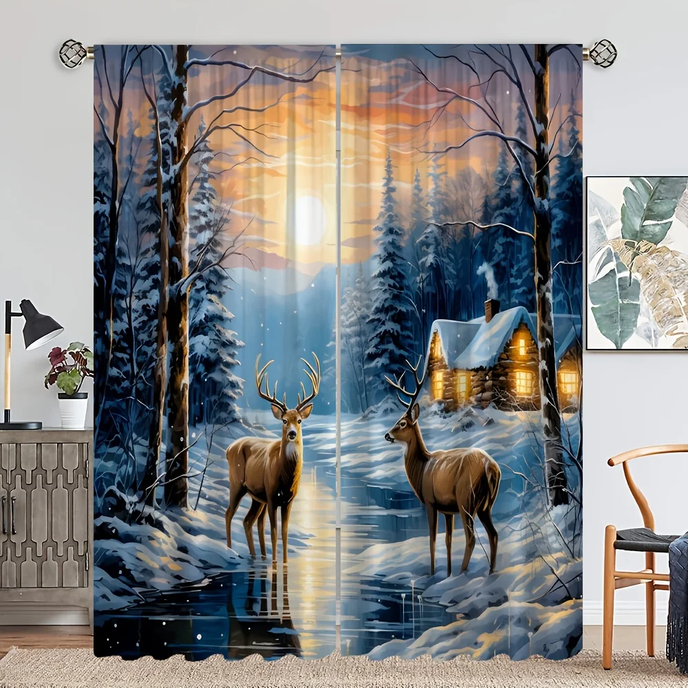 Blue Moose Forest Curtains 2pcs, Snowy Tree Cabin HD Digital Print Rod Pocket Semi-Transparent Machine Washable for Room Decor