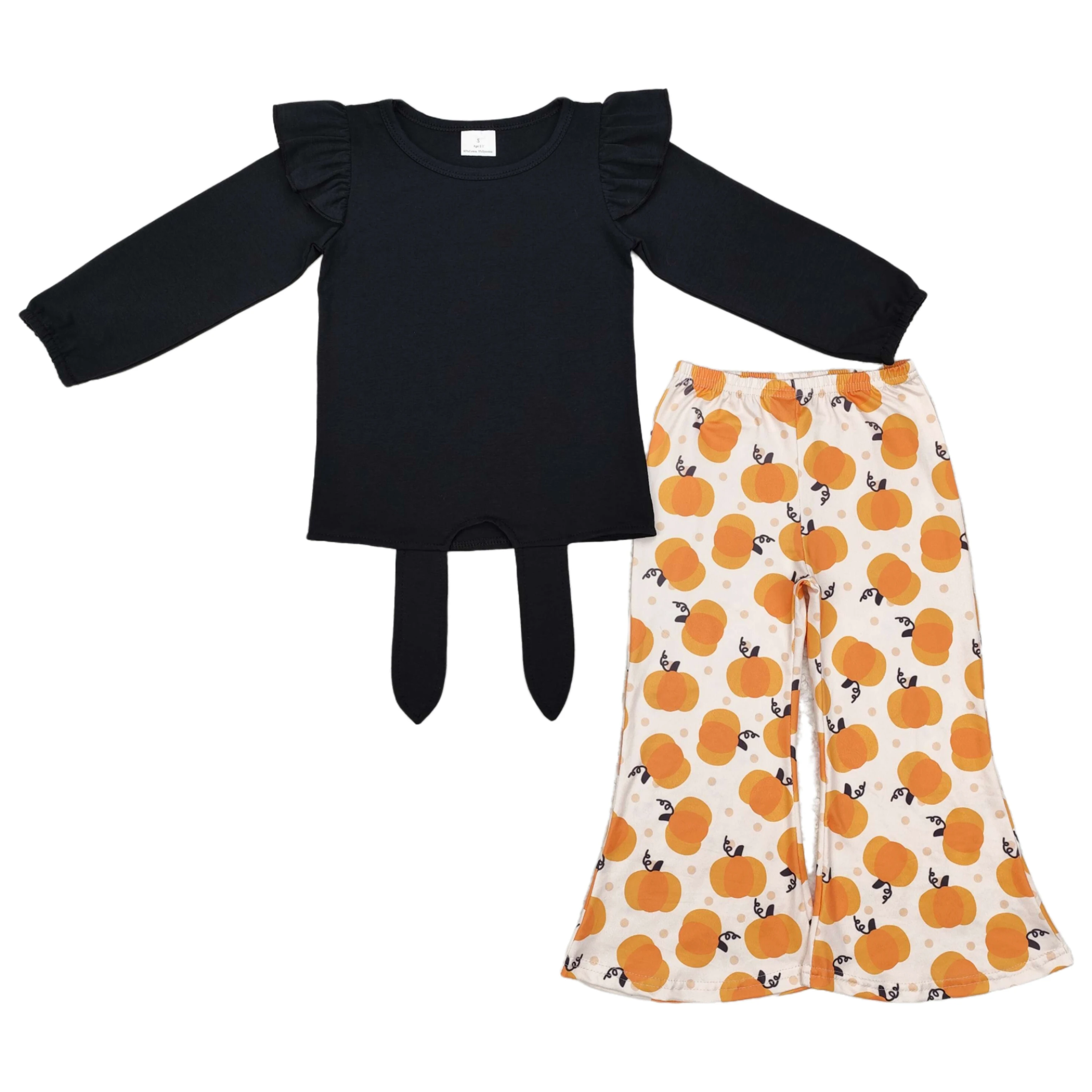 

Wholesale Toddler Children Thanksgiving Set Baby Girl Long Sleeves Black Cotton Tops Kids Infant Pumpkin Flower Pants Outfit