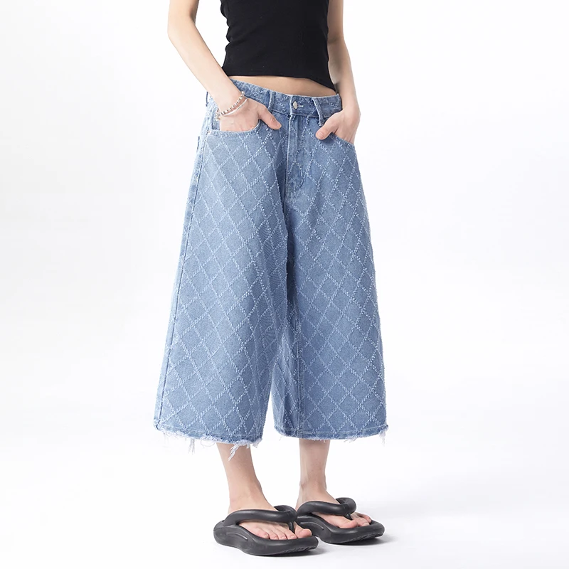 Women s Jeans Pants Cropped Pants High Waist Loose Fit Distressed Ripped Hem Denim Light Blue