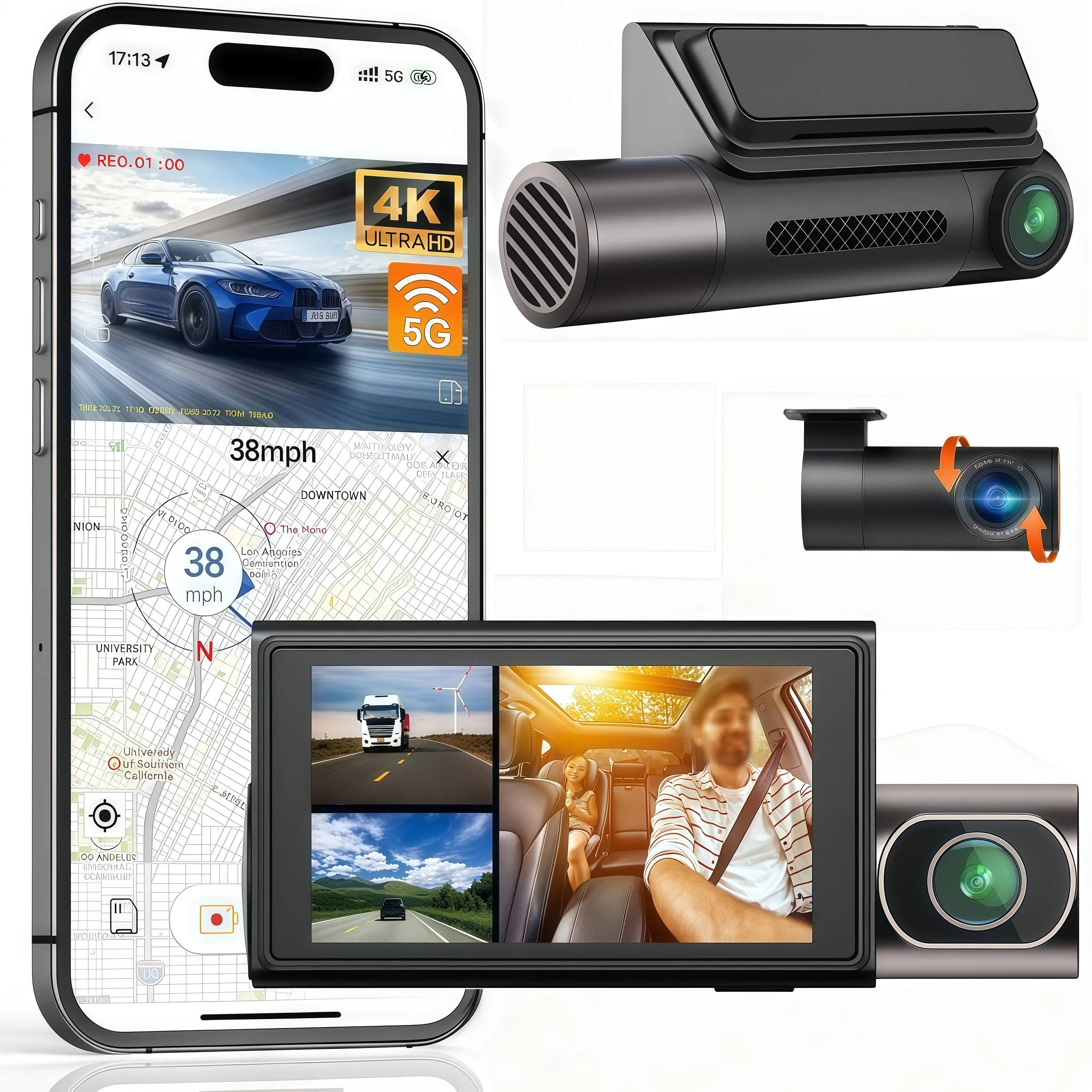 

Dashcam Mini 4K 3 Channel Dash Cam, 5GHz WiFi Built-in Camera Recorder 4K+1K+1K Front and Rear Inside, Triple Car Camera 3-inch