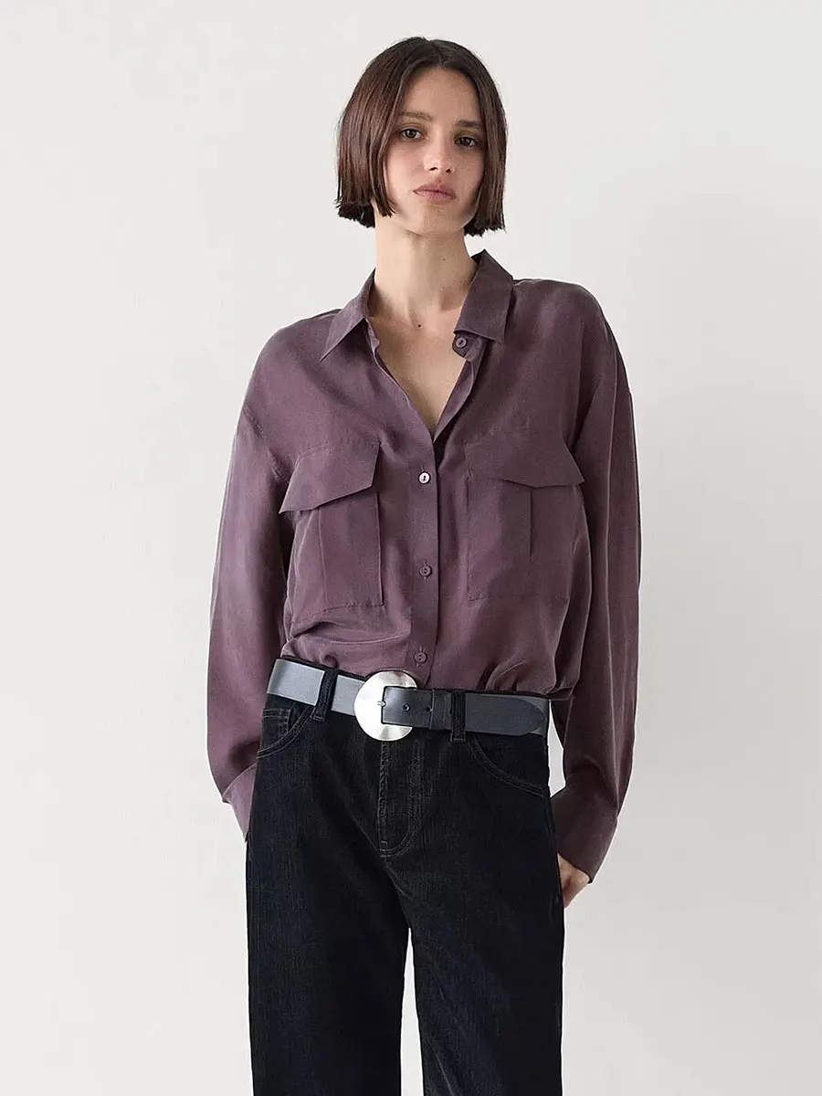 

MD Женская зимняя новинка Light Maturi Commuter Sle Purple Long Sve irt French Sle Straight Cut ket Design Pure Color