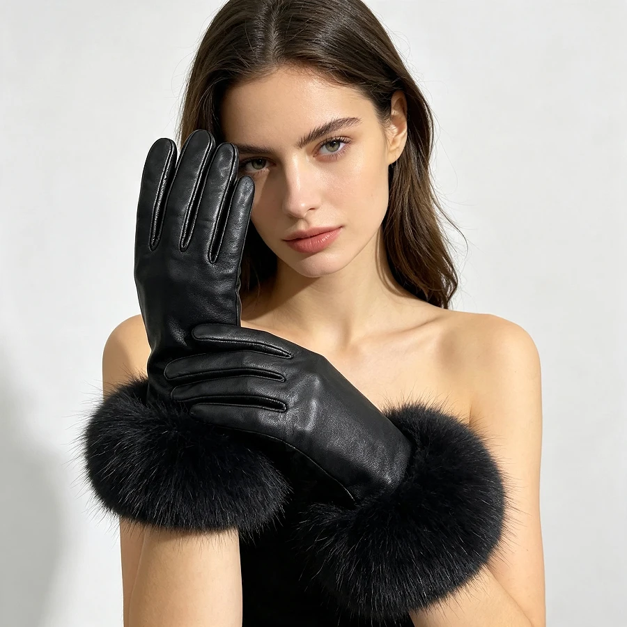 Women's Fox Fur Gloves Natural Leather Sheepskin Cycling Driving Winter Warm Fashion Real Lambskin Fox Fur Gloves
