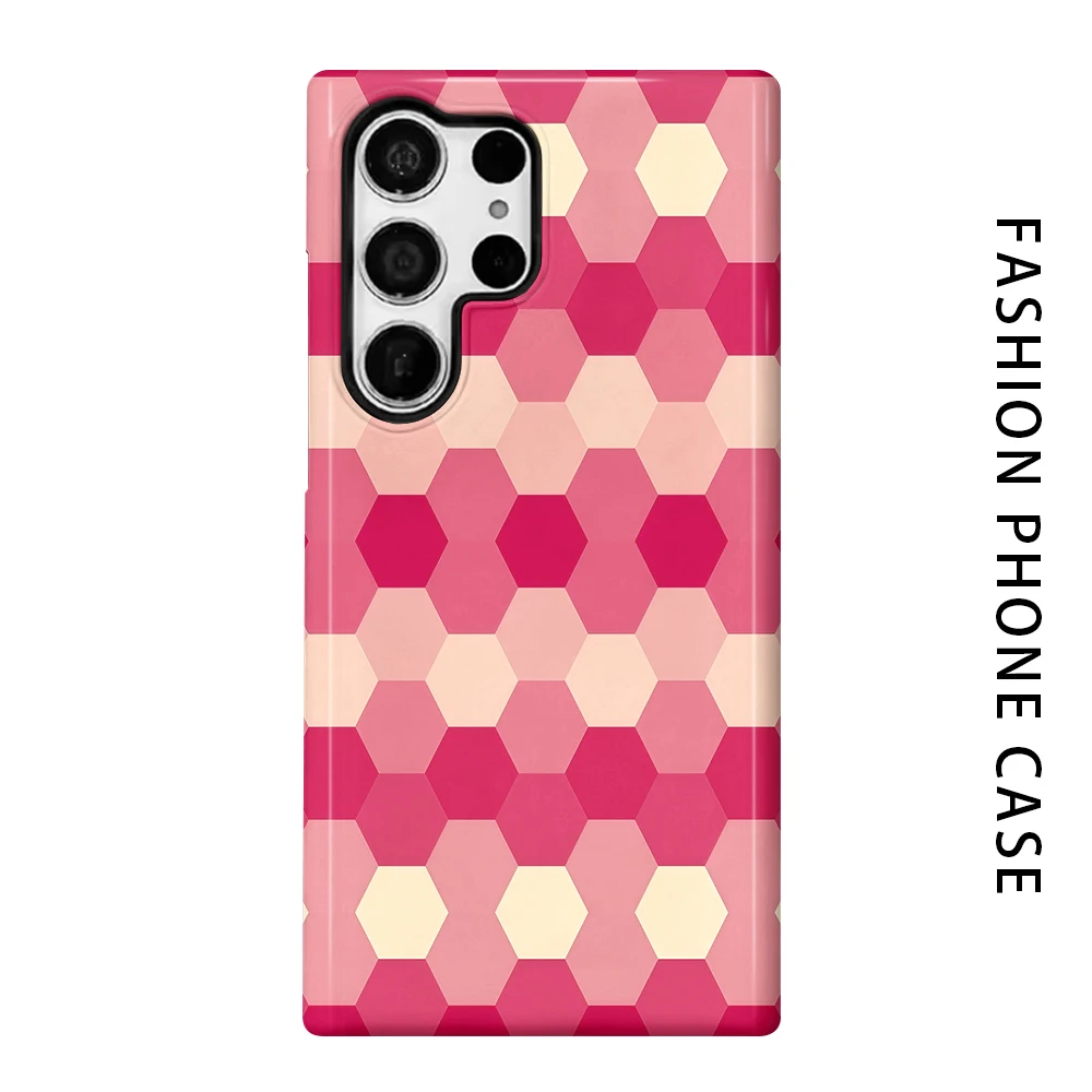 Blush Hexagon Grid Phone Case for For Samsung Galaxy S26 S25 S24 S23 S20 FE A56 A36 Ultra Glossy HD Hard Cover Film Shell