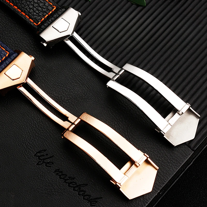 Breathable Hole Accessories for TAG Heuer Calila Monaco Soft Genuine Leather 22mm Black Steel Fold Buckle Watch Strap