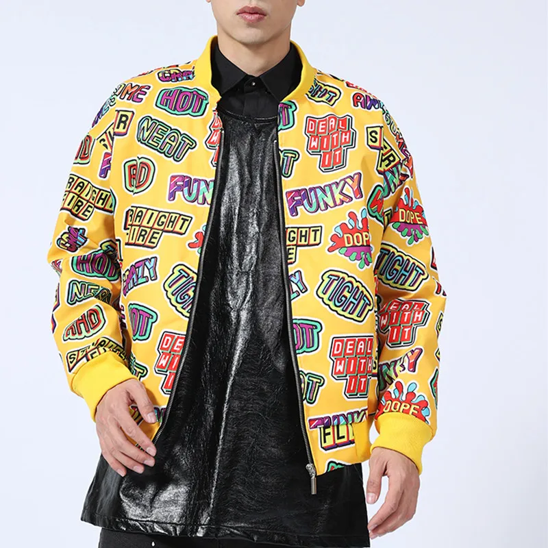 Men Yellow Letter 3D Pattern Baseball Jacket Graffiti Hip Hop Zipper Casual Leather Coat Dancer Singer Bar Concert Stage Costume