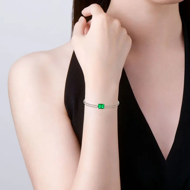 

Lnkry 7x9mm Rectangle Artificial Emerald Bracelet 925 Certified Original Silver Double Chain Bracelets for Women Hand Jewelry