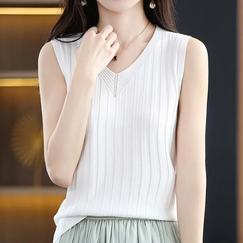 Women Summer Sweater V Neck Sleeveless Korean Fashion Tank Top Ice Silk Loose Solid Thin Lightweight Female Clothing Pullover
