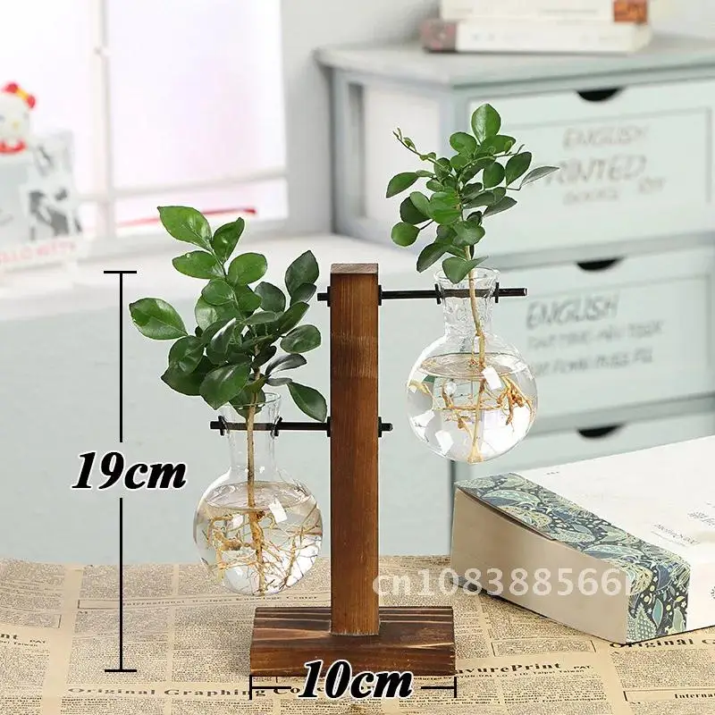 

Vase and Wood Glass Planter Terrarium Table Desktop Hydroponics Plant Bonsai Flower Pot Hanging Pots with Wooden Tray Home Decor