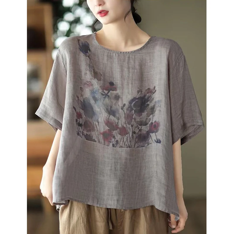 Summer New Fashion Loose Casual Ink Print Cotton Linen T-shirt Ladies Comfortable Short Sleeve Pullover Top Women All-match Tee