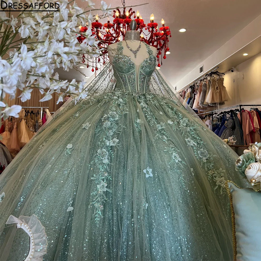 Sparkling Sage Green Lace Up Ball Gown Quinceanera Dresses 2025 With Appliques Mexico Brithday Party Vestidos De 15 Quinceañera