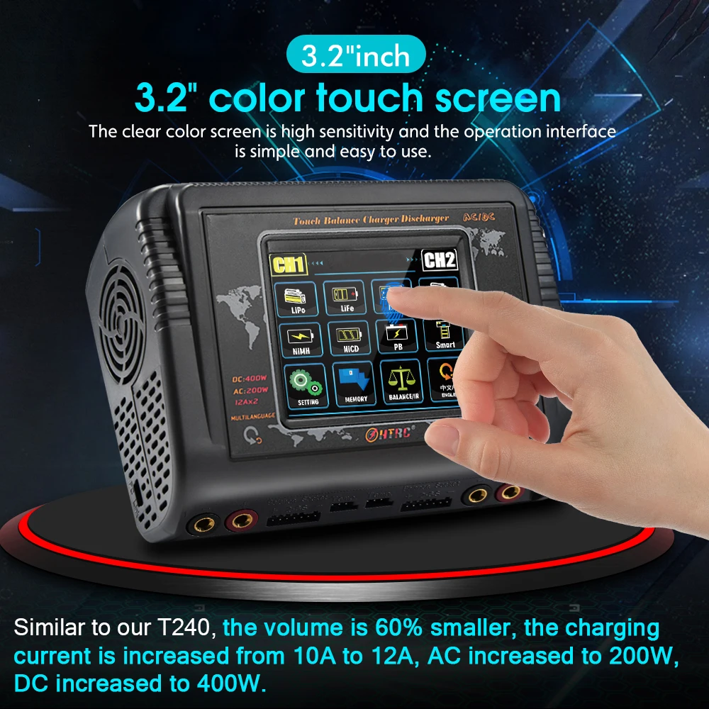 HTRC T400 يبو شاحن بطارية تيار مستمر 400 واط التيار المتناوب 200 واط RC شاحن مفرغ ل LiHV الحياة ليثيوم لون NiCd NiMh Pb يبو Batteri شاحن مزدوج