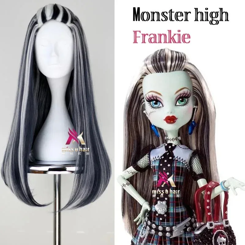 qq 123New Monster High Frankie Wigs 65cm Black Mix White Halloween Party Synthetic Cosplay +wig cap